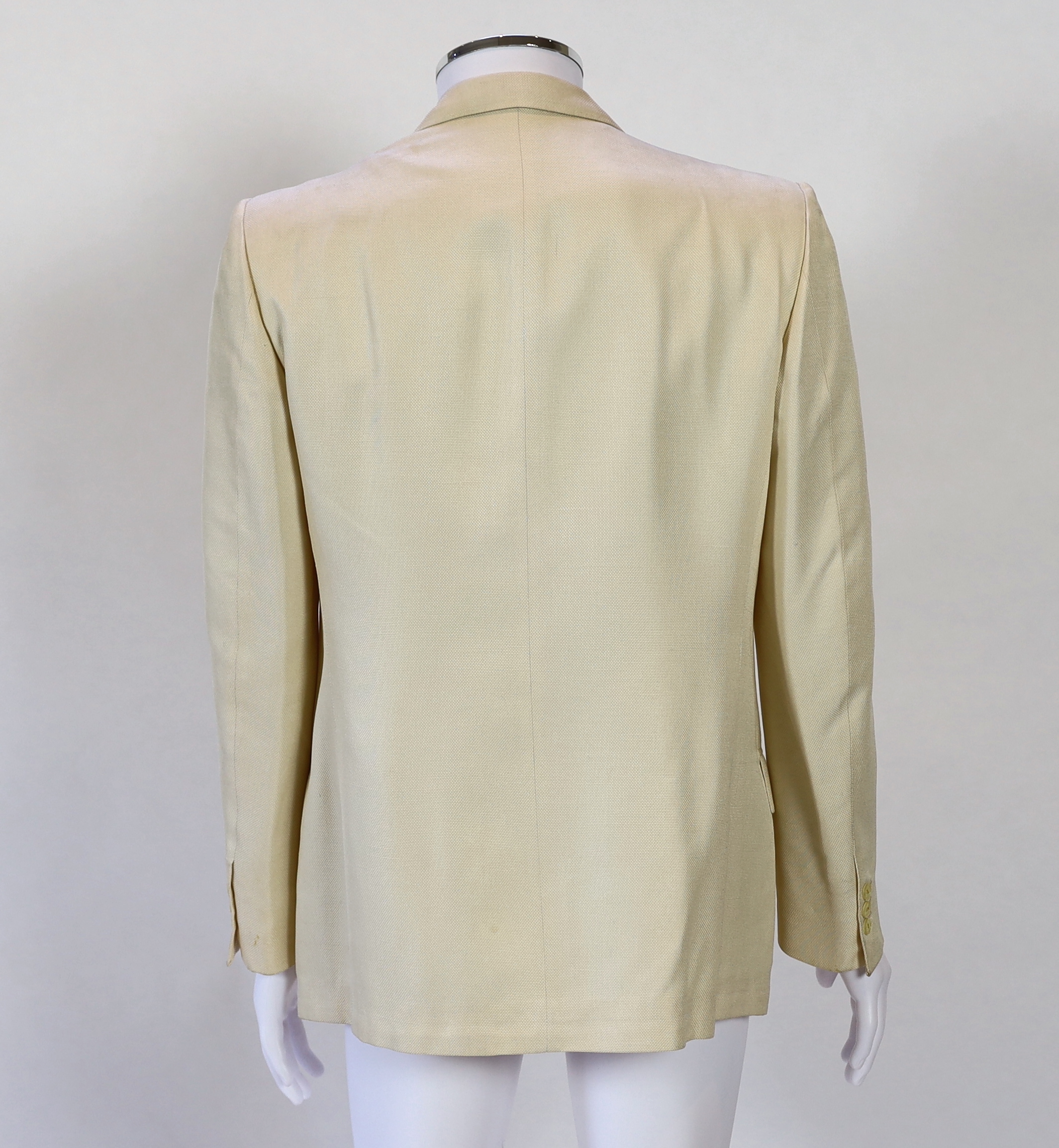 A Saint Laurent rive gauche gentlemen's cream silk weave double breasted dinner jacket, approx size 42